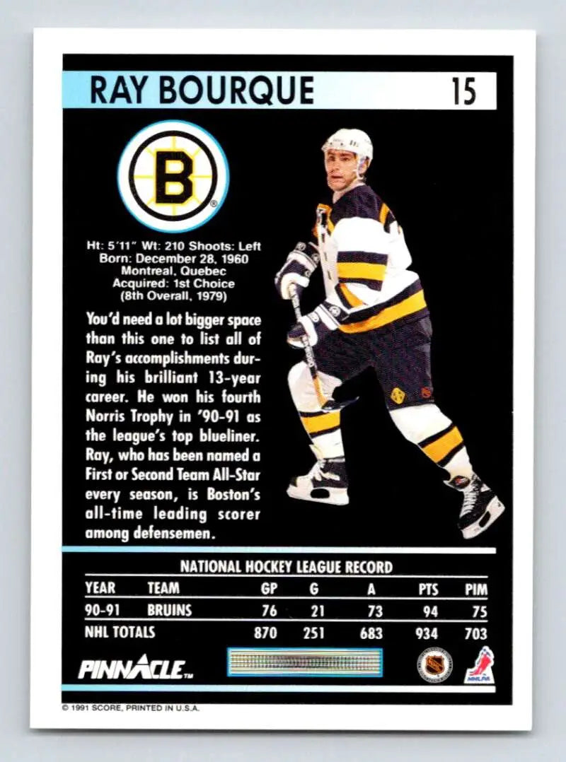 Hockey trading card of Ray Bourque in black and yellow Boston Bruins uniform