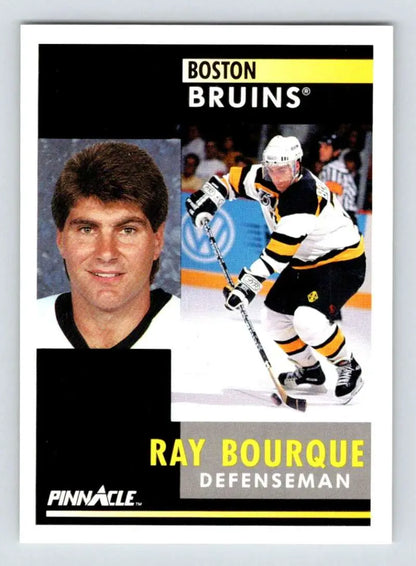 Hockey trading card of Ray Bourque in portrait and action poses for Boston Bruins Hockey