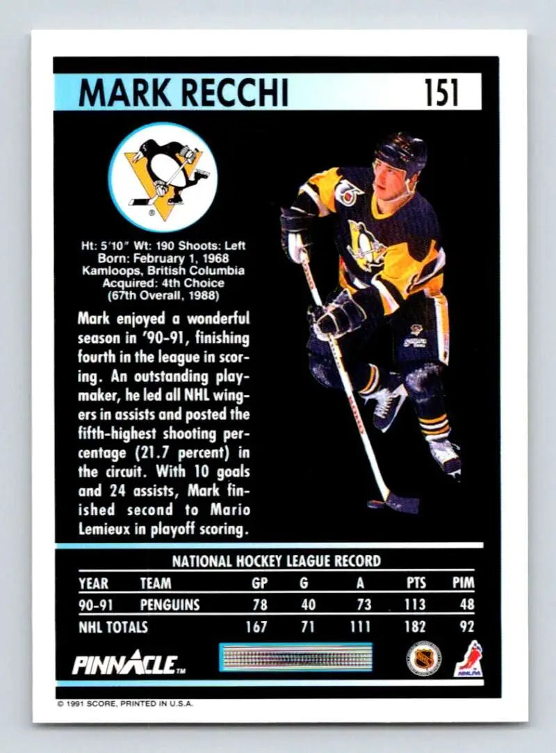 Vintage Pittsburgh Penguins Hockey trading card of Mark Recchi with player statistics