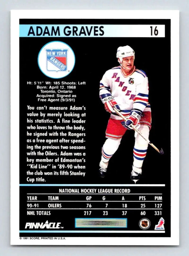 Adam Graves New York Rangers hockey card in white and red uniform from 1991-92 Pinnacle