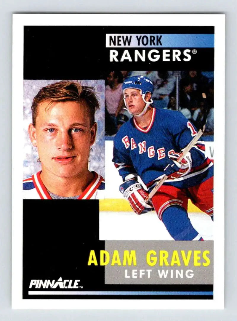 Hockey card of Adam Graves in New York Rangers blue jersey from 1991-92 Pinnacle