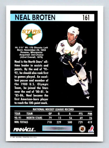 Hockey card of Neal Broten in white uniform, showcasing North Stars against dark background