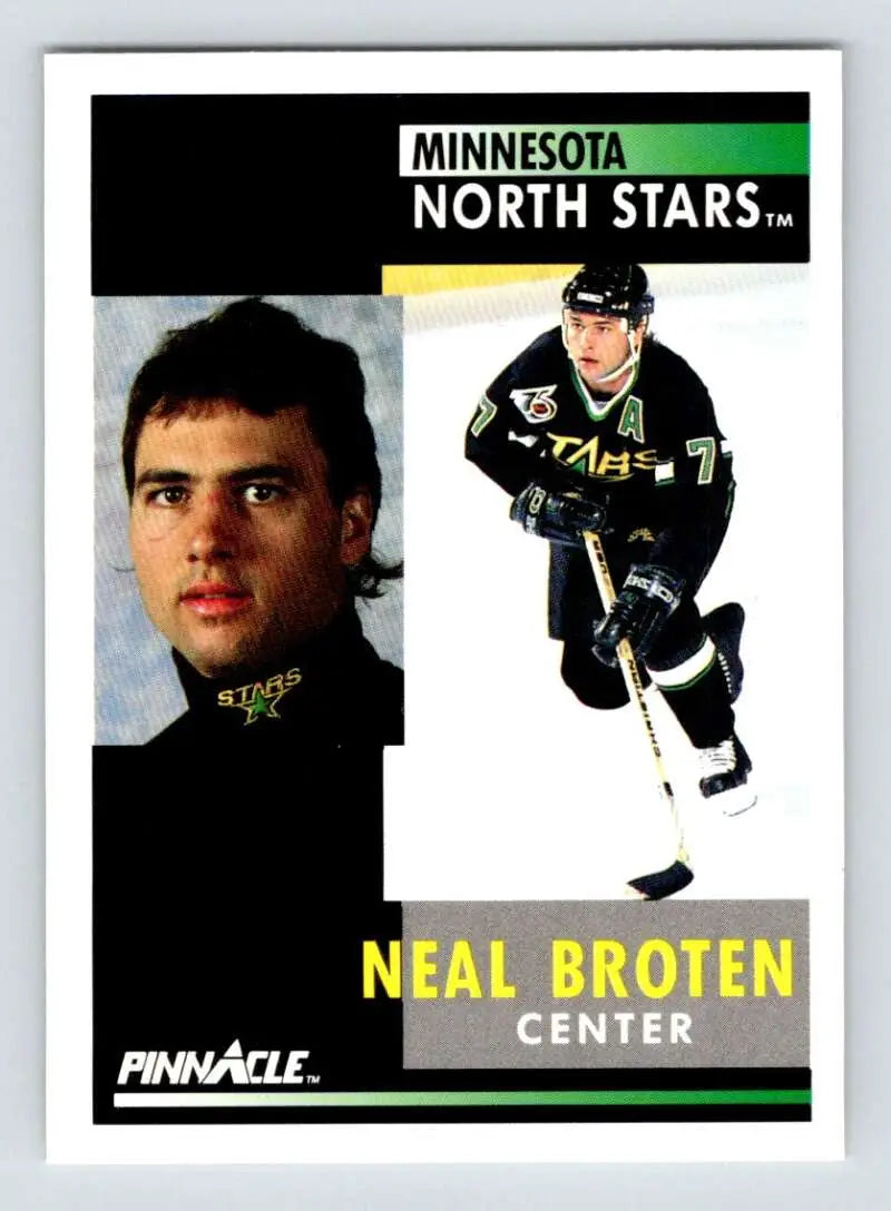 Hockey card of Neal Broten in black and white Minnesota North Stars uniform