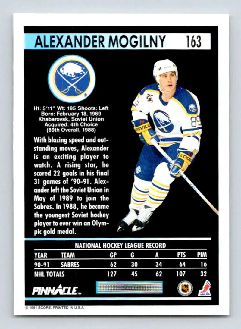 1991-92 Pinnacle Alexander Mogilny NM-MT Buffalo Sabres Hockey Card in blue and white uniform