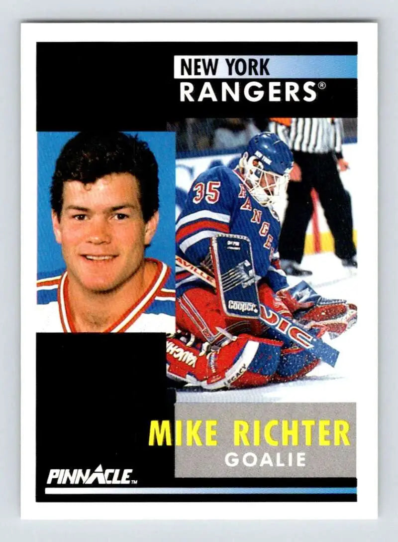 Mike Richter in action on a New York Rangers hockey card from 1991-92 Pinnacle