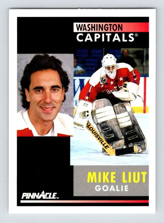 Mike Liut Washington Capitals hockey card in white and red uniform from 1991-92 Pinnacle