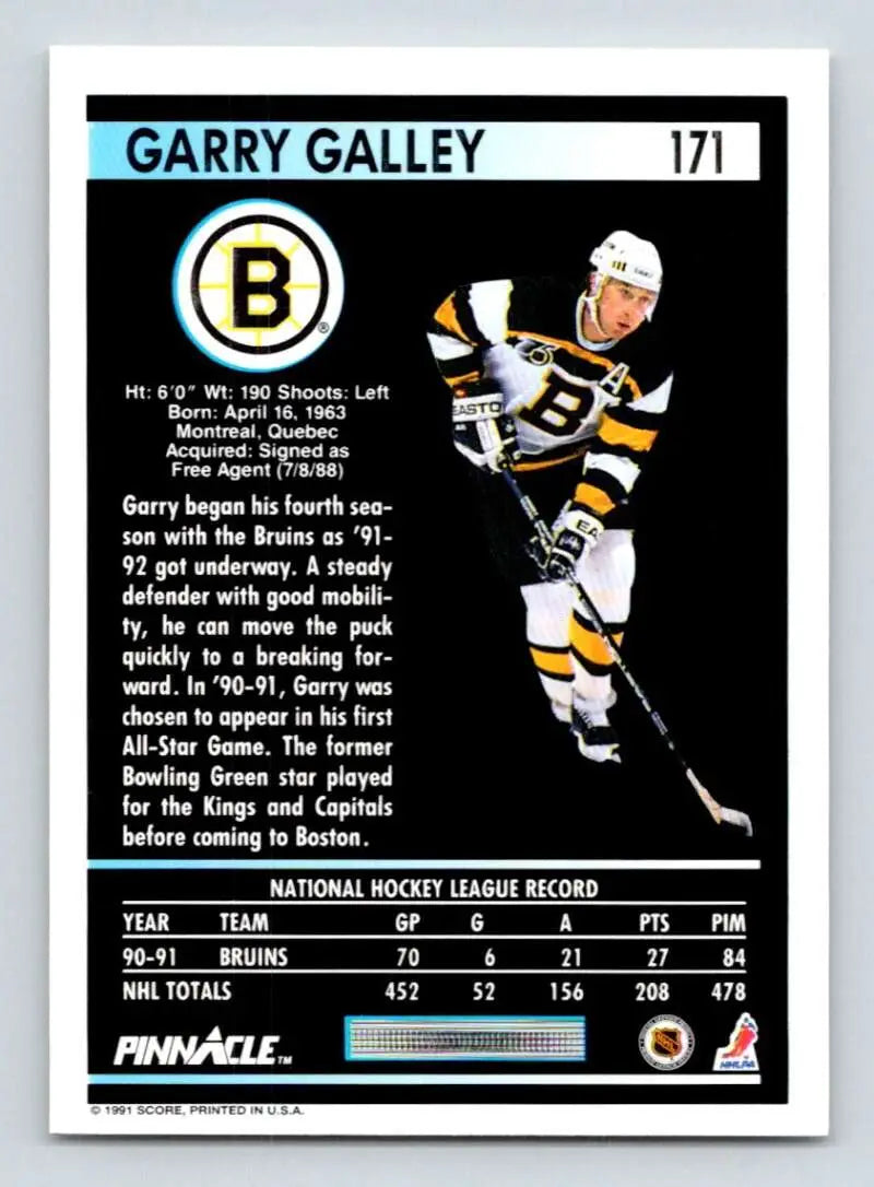 Hockey card of Garry Galley in Boston Bruins black and gold uniform, 1991-92 Pinnacle