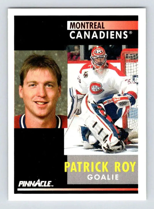 Hockey card showcasing Patrick Roy in portrait and action for Montreal Canadiens