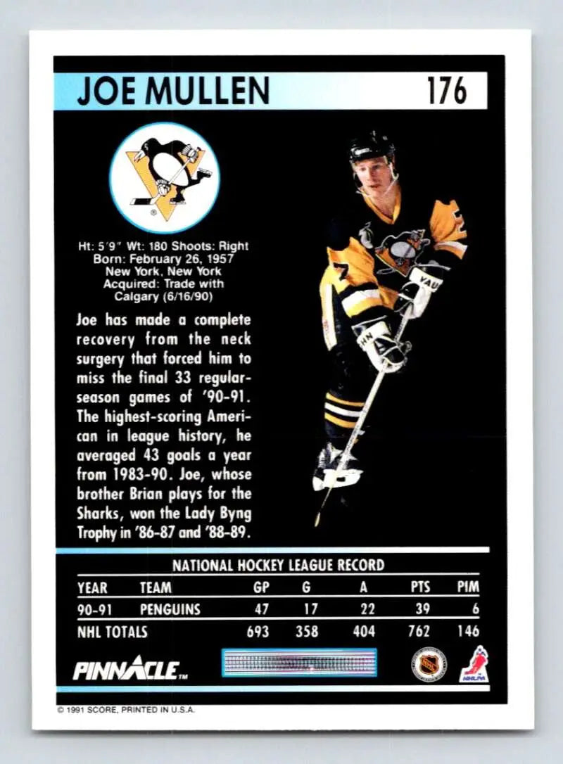 Hockey trading card of Joe Mullen in Pittsburgh Penguins hockey uniform