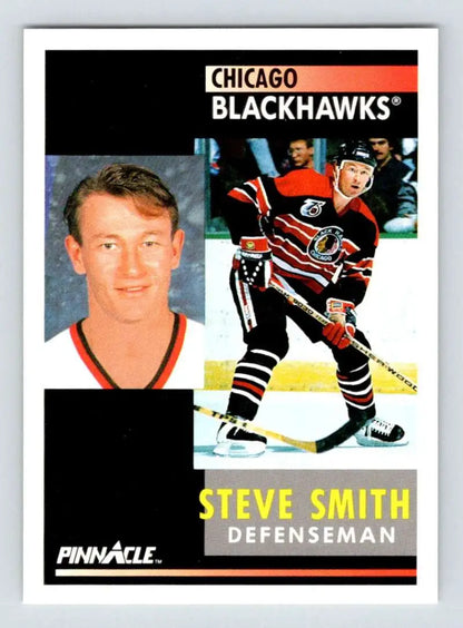 Hockey card of Steve Smith from 1991-92 Pinnacle showcasing Chicago Blackhawks defenseman