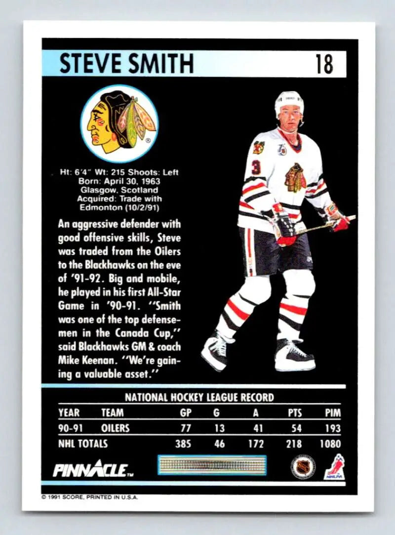 Hockey card of Steve Smith in Chicago Blackhawks uniform from 1991-92 Pinnacle series