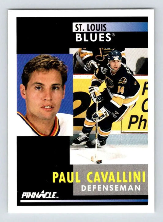 Hockey card of Paul Cavallini featuring St. Louis Blues defenseman from 1991-92 Pinnacle