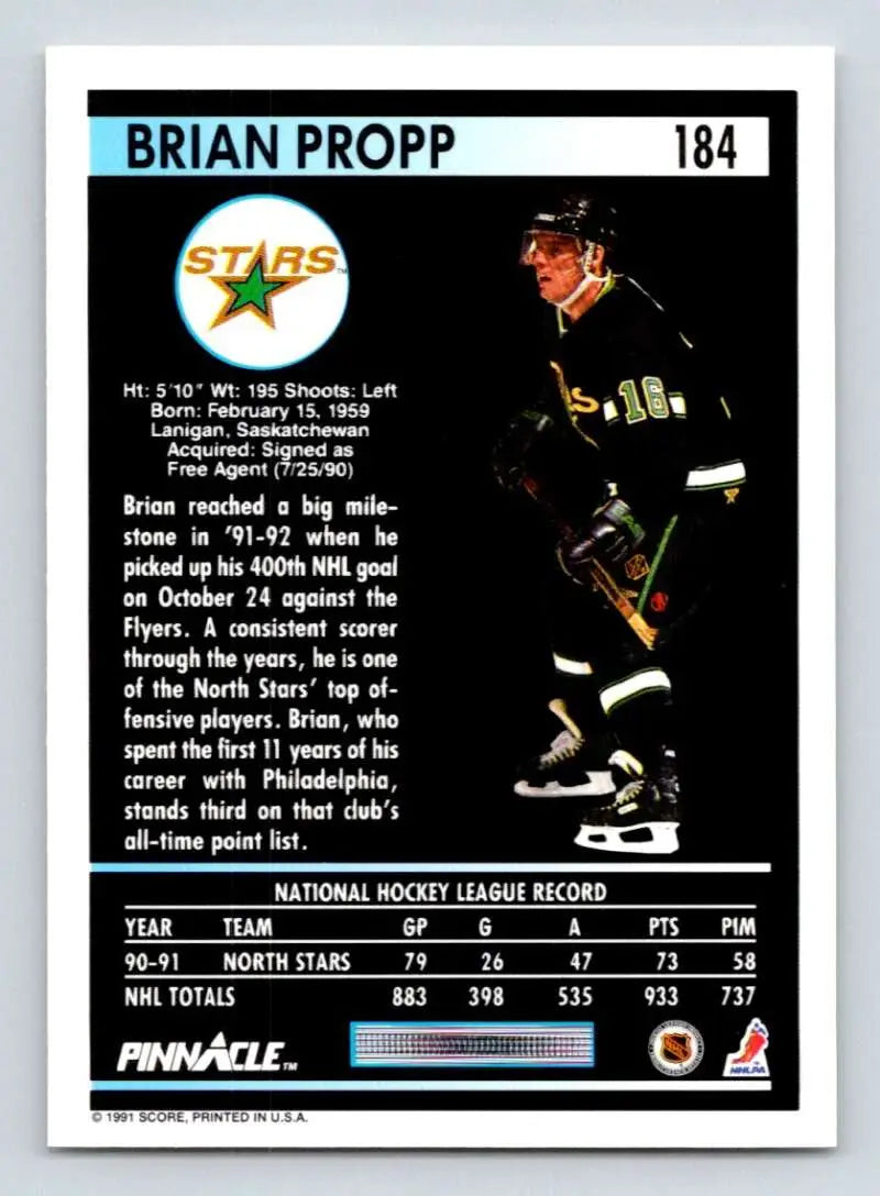 Hockey trading card featuring Brian Propp in Minnesota North Stars black and gold uniform