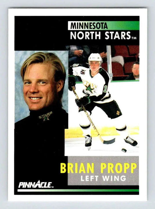 Hockey trading card of Brian Propp in Minnesota North Stars white uniform