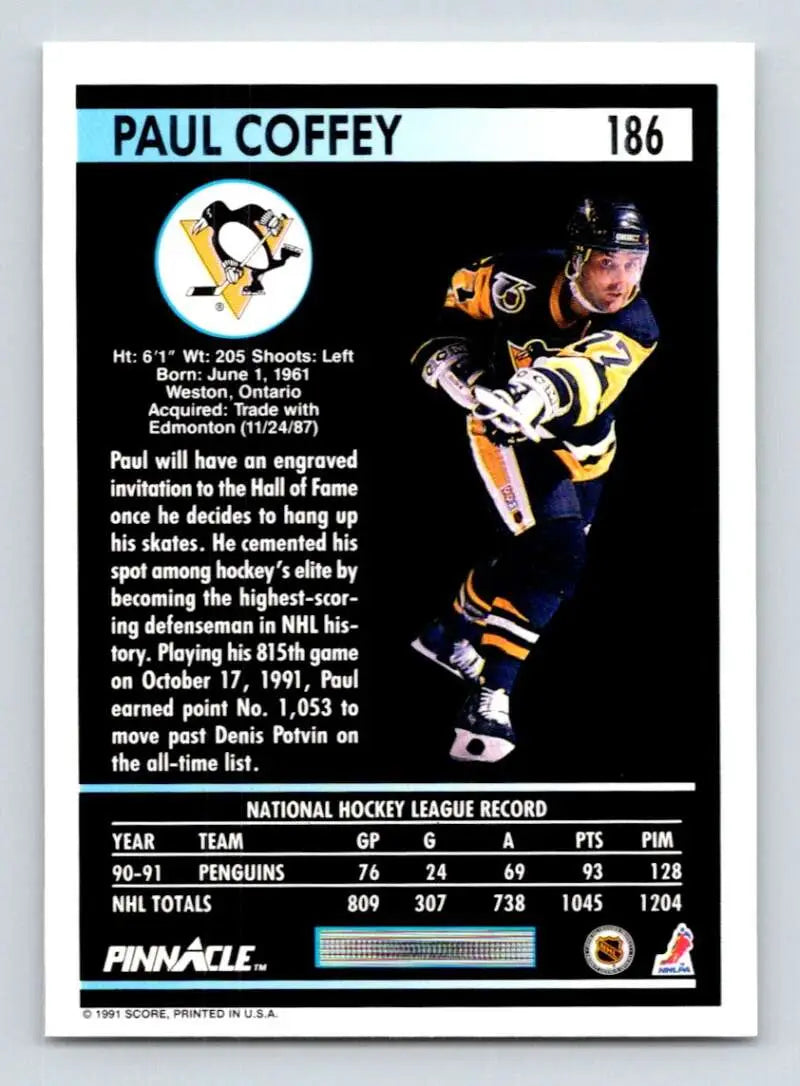 Hockey card of Paul Coffey in Pittsburgh Penguins black and gold uniform