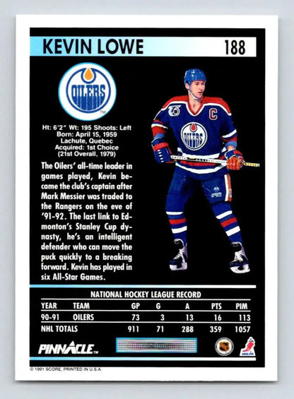 Edmonton Oilers hockey card featuring Kevin Lowe in blue and orange uniform