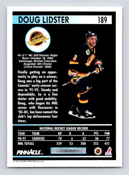 Doug Lidster in black and yellow Bruins uniform on 1991-92 Vancouver Canucks hockey card