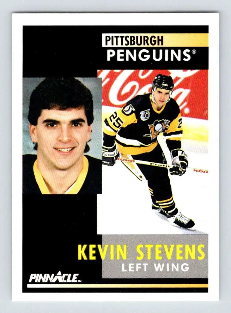 Hockey card of Kevin Stevens in black and gold uniform for Pittsburgh Penguins