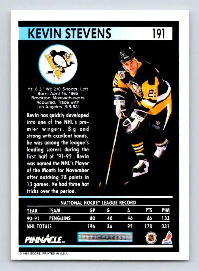 Kevin Stevens hockey card from Pinnacle featuring Pittsburgh Penguins player number 91