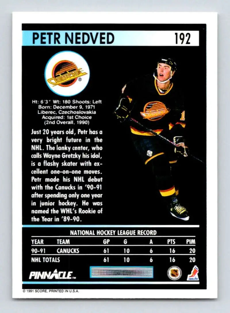 Petr Nedved 1991-92 Pinnacle Hockey Card, Vancouver Canucks in black and yellow uniform