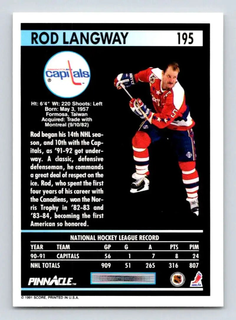 Hockey card featuring Rod Langway in Washington Capitals uniform, 1991-92 Pinnacle