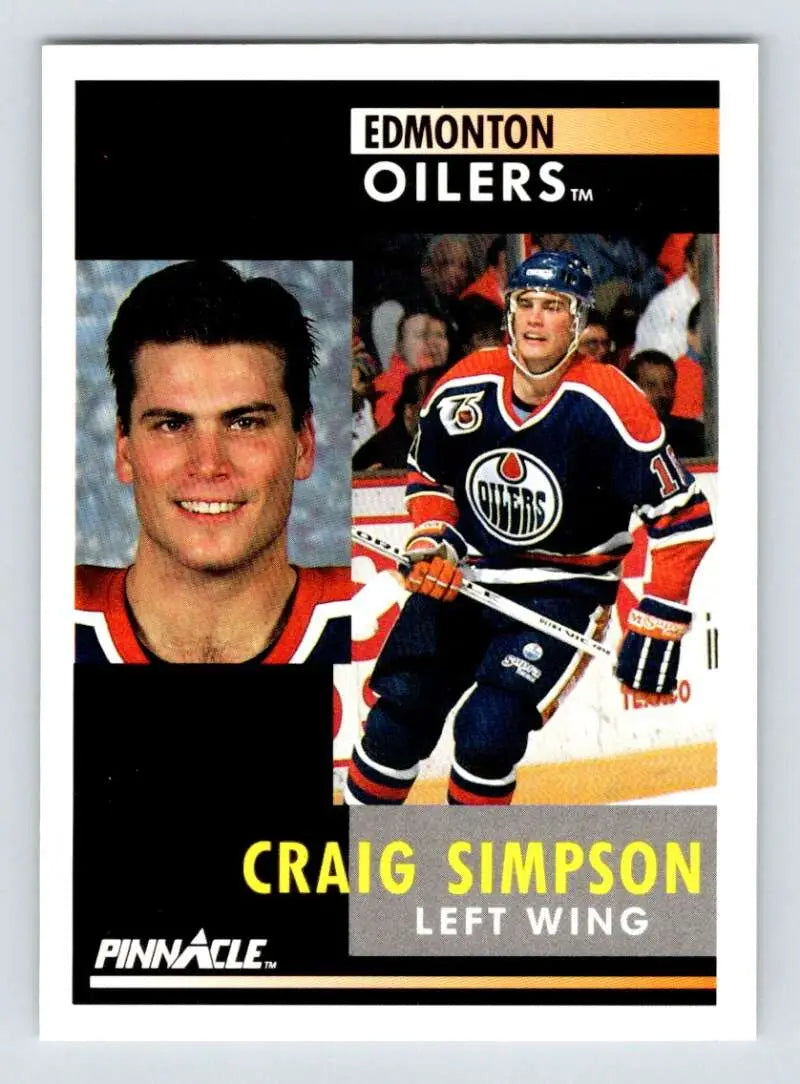 Hockey card of Craig Simpson in Edmonton Oilers dark blue and orange uniform