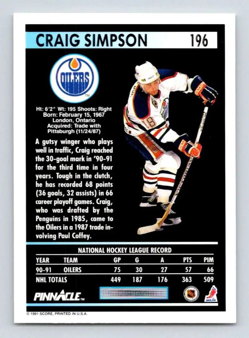 Hockey card of Craig Simpson in Edmonton Oilers white and orange uniform