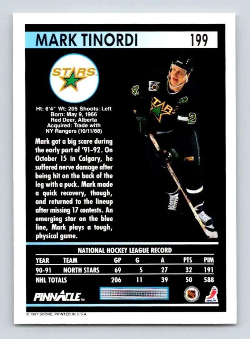 Mark Tinordi Minnesota North Stars hockey card in black uniform from 1991-92 Pinnacle