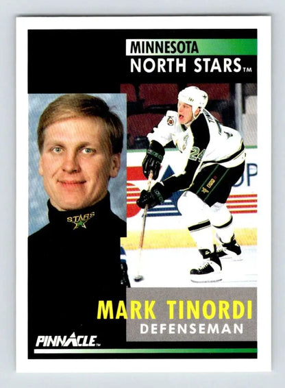 Hockey trading card featuring Mark Tinordi of the Minnesota North Stars in action