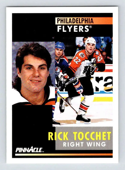 Hockey trading card of Rick Tocchet, Philadelphia Flyers, showcasing portrait and action shots