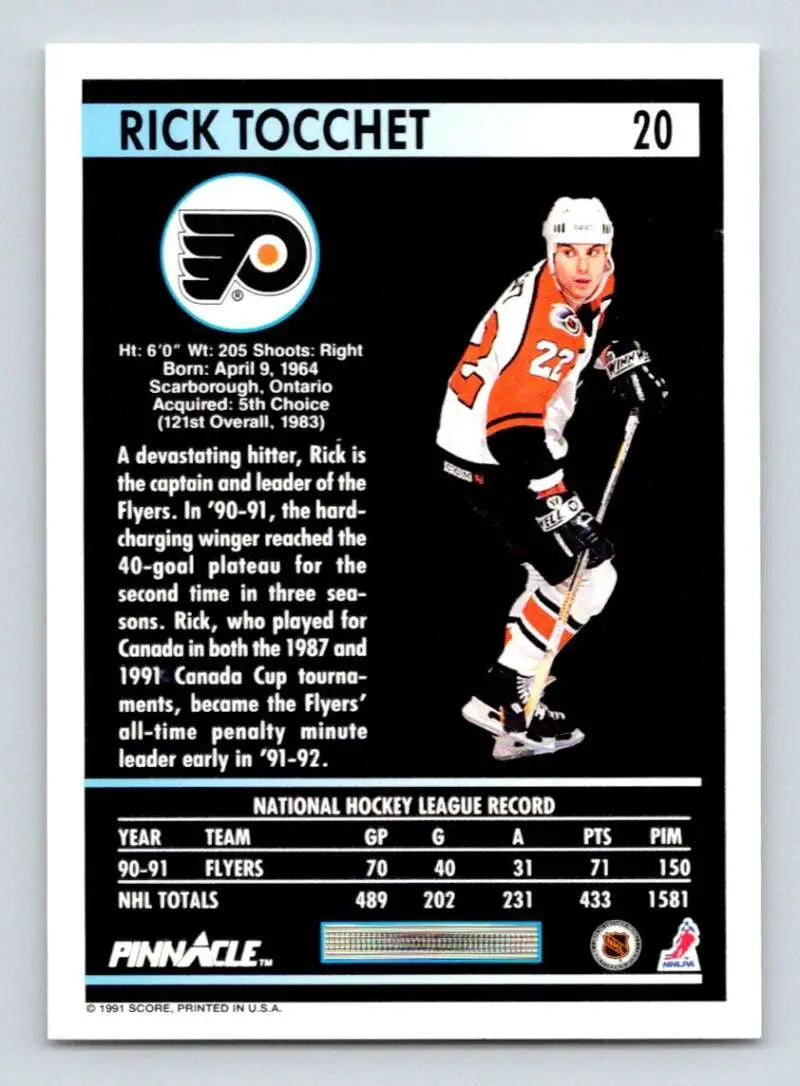 1991-92 Pinnacle #20 Rick Tocchet Philadelphia Flyers Hockey Card featuring jersey number 20