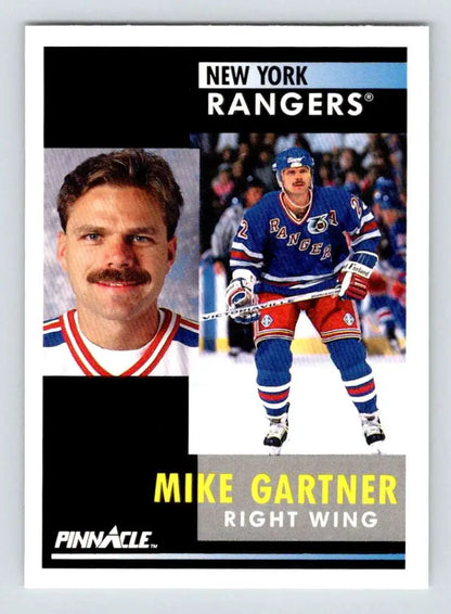 Hockey card of Mike Gartner showcasing New York Rangers in portrait and action poses