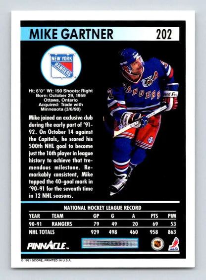 New York Rangers hockey card featuring Mike Gartner, Pinnacle #202 from 1991-92