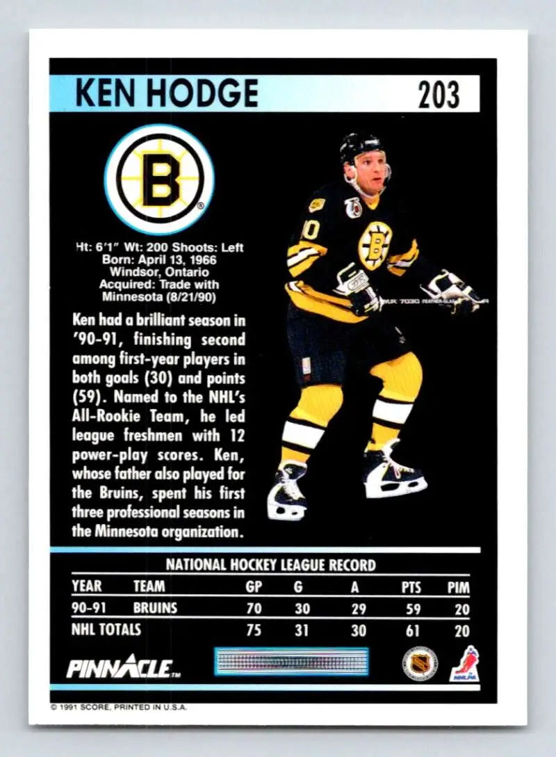 Ken Hodge Boston Bruins hockey card in black and yellow uniform from 1991-92 Pinnacle