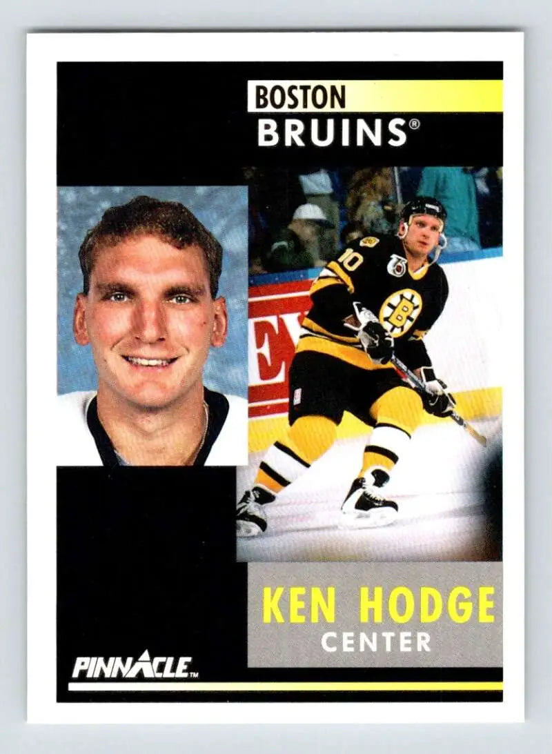 Hockey card of Ken Hodge Jr. showcasing Boston Bruins player in action and portrait poses