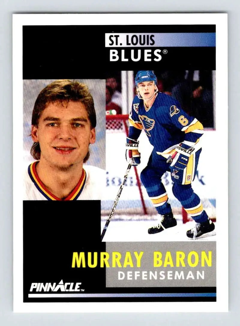 Hockey card of Murray Baron showcasing St. Louis Blues player in action and portrait