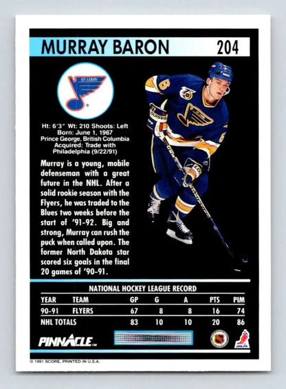 A hockey card featuring Murray Baron in a St. Louis Blues uniform with team logo