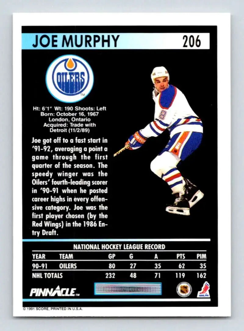 1991-92 Pinnacle Joe Murphy Edmonton Oilers hockey card in white and blue uniform