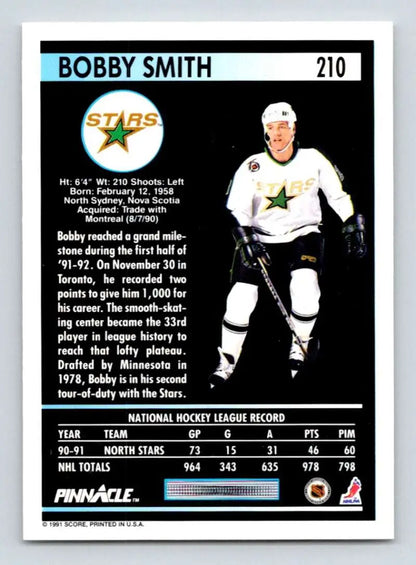 Bobby Smith Minnesota North Stars hockey card in white uniform with green accents