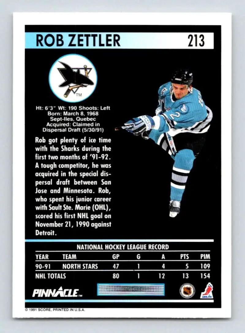 Rob Zettler San Jose Sharks trading card in teal uniform from 1991-92 Pinnacle series