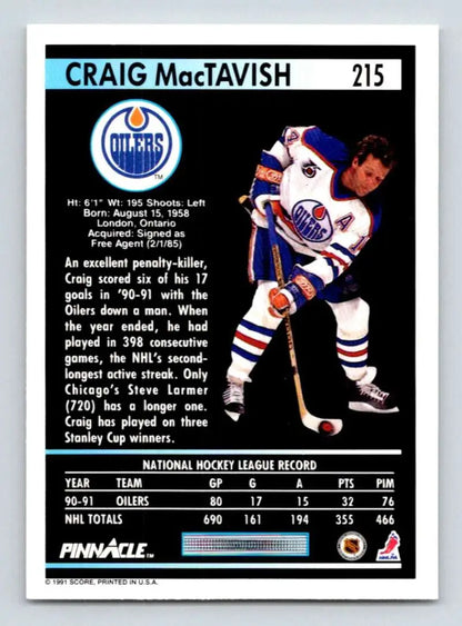 Hockey card of Craig MacTavish in Edmonton Oilers uniform from 1991-92 Pinnacle series