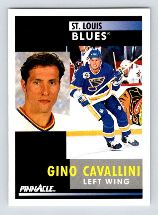 Hockey trading card featuring Gino Cavallini of the St. Louis Blues in action poses