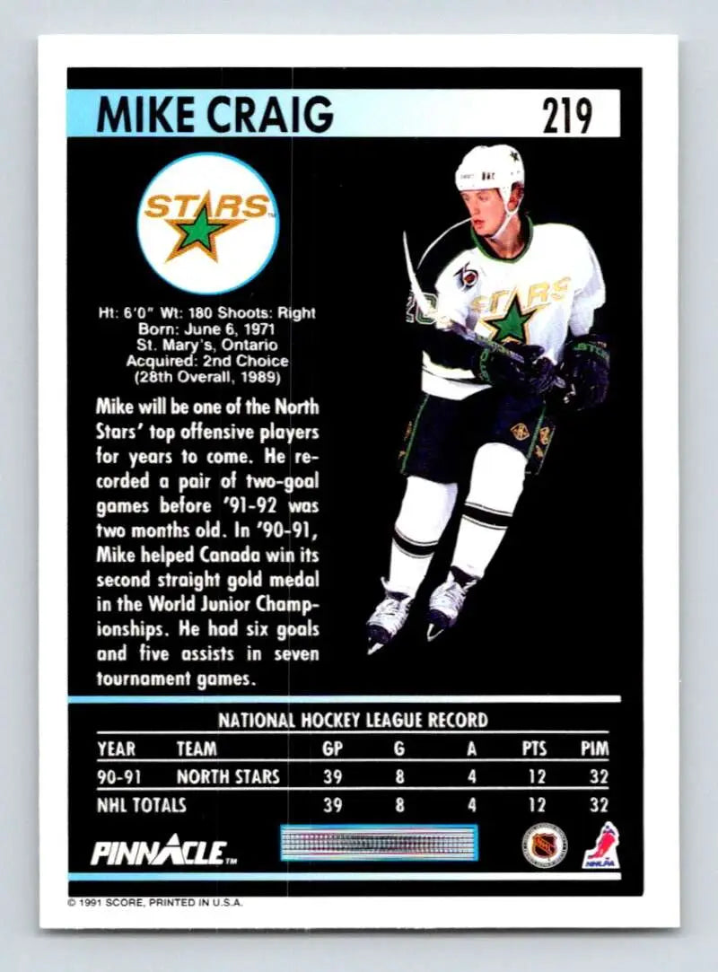 Hockey trading card of Mike Craig in a white Minnesota North Stars uniform