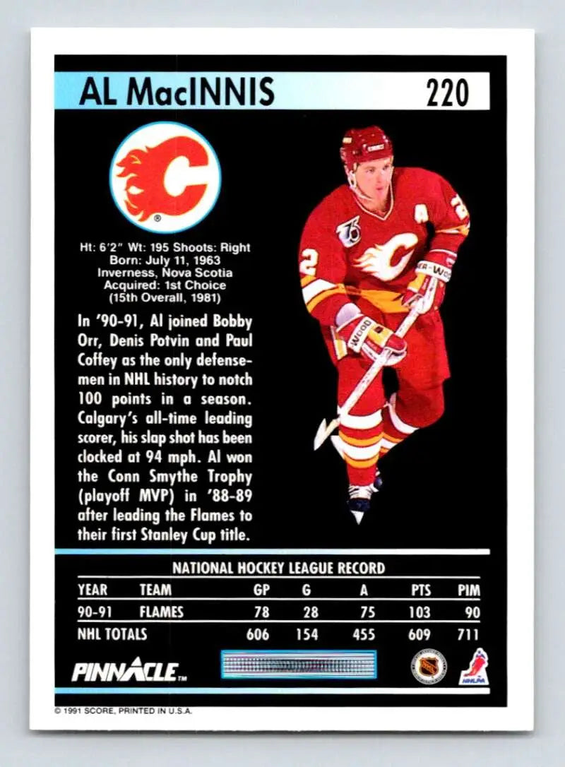 Hockey card of Al MacInnis in Calgary Flames red and white uniform, 1991-92 Pinnacle