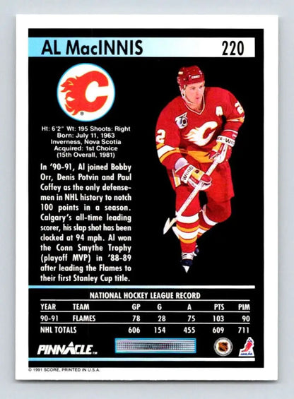 Hockey card of Al MacInnis in Calgary Flames red and white uniform, 1991-92 Pinnacle