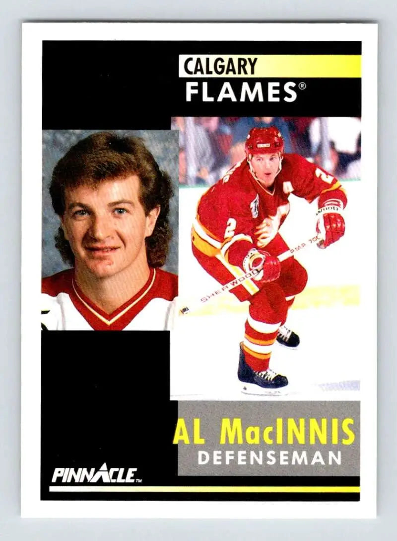 Hockey card of Calgary Flames defenseman Al MacInnis in action and portrait poses