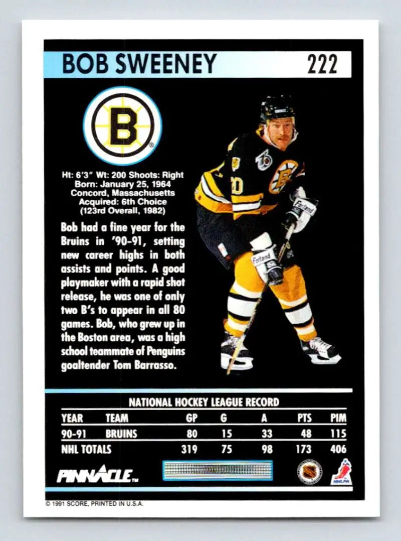 Hockey card of Bob Sweeney in Boston Bruins black and gold uniform from 1991-92 Pinnacle