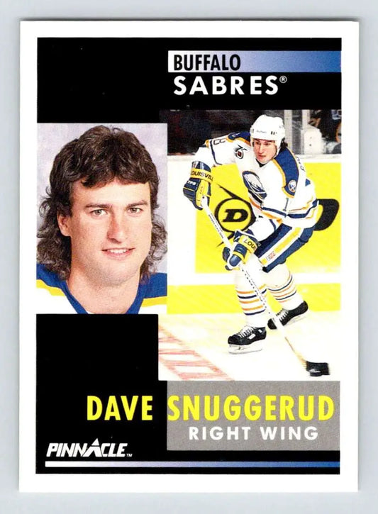 Hockey card of Dave Snuggerud featuring Buffalo Sabres portrait and action poses