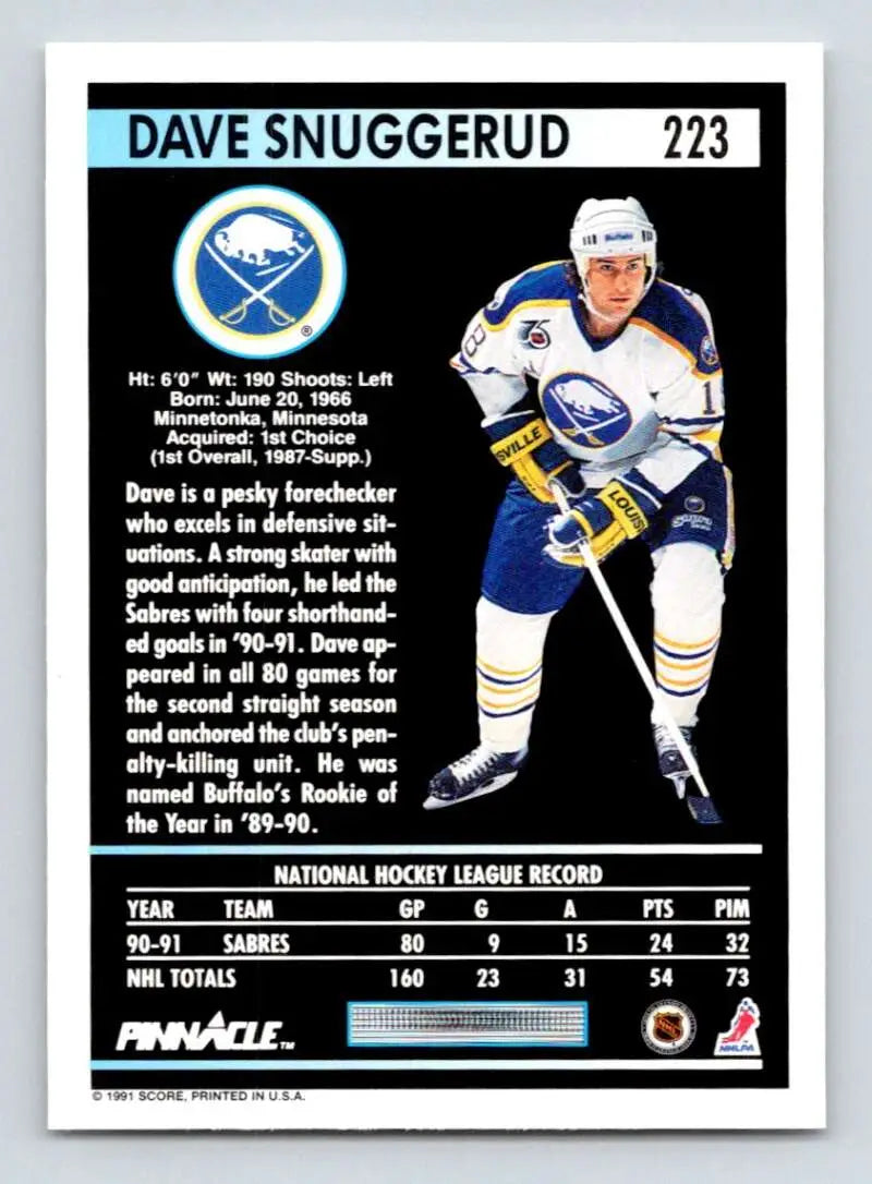 Dave Snuggerud Buffalo Sabres hockey card in white and blue uniform from 1991-92 Pinnacle