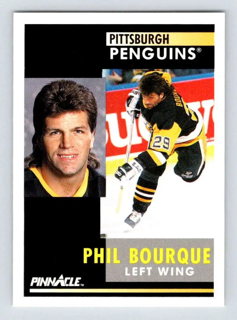 Pittsburgh Penguins hockey card featuring Phil Bourque in portrait and action poses